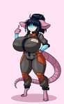  anthro big_breasts breasts clothed clothing female huge_breasts jumpsuit limebreaker looking_at_viewer mammal rodent simple_background solo standing voluptuous 