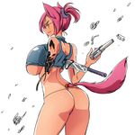  android animal_humanoid big_breasts breasts but cat cat_humanoid clothed clothing facial_scar feline female green_eyes gun hair hataraki_ari holding_object holding_weapon humanoid knife machine mammal missing_arm pink_hair ponytail ranged_weapon robot scar short_hair smile standing thong underwear weapon 
