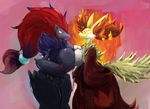  2017 angry anthro anthro_on_anthro anthrofied arm_tuft asymmetrical_docking big_breasts biped black_fur black_hair breast_envy breast_size_difference breast_squish breasts breasts_frottage canine claws comparing comparing_breasts delphox digital_media_(artwork) digital_painting_(artwork) duo evil_grin eye_contact female female/female fire fluffy fluffy_tail frown fur grey_fur hair half-closed_eyes holding_breast holding_object huge_breasts inner_ear_fluff leg_tuft long_hair mammal multicolored_fur multicolored_hair neck_tuft nintendo notaudon nude pink_background pok&eacute;mon pok&eacute;mon_(species) pok&eacute;morph ponytail pseudo_clothing red_claws red_fur red_hair red_nose shoulder_tuft side_view simple_background small_pupils small_waist smile standing stick tuft two_tone_fur two_tone_hair video_games voluptuous white_fur wide_hips yellow_fur zoroark 