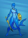  2015 4_toes amber_eyes anthro bald blue_background blue_nipples blue_scales blue_shark breasts claws croxot_(artist) eyebrows female fin fish full-length_portrait furgonomics furry-specific_piercing gills hairless head_fin holding_object holding_weapon marine melee_weapon multicolored_scales natural_breasts navel navel_piercing nipples non-mammal_breasts nude piercing portrait pussy sash scales shark sharp_teeth shield simple_background small_breasts smile solo standing sword tail_fin tail_piercing teeth toe_claws toes two_tone_scales weapon wide_hips 