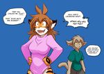 2017 animated anthro black_fur blue_background bottomless bouncing_breasts breasts brown_hair clothed clothing dialogue duo english_text feline female flora_(twokinds) fur grey_fur grey_hair hair hands_on_hips insane keidran keith_keiser laugh male mammal orange_eyes orange_fur simple_background smile solo_focus standing sweater text tiger tom_fischbach twokinds white_fur yellow_eyes 