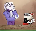  2017 4_fingers animate_inanimate arm_support biped black_body black_eyes blush bow_tie brown_background button_(fastener) clothed clothing cup cuphead_(character) cuphead_(game) dice digital_drawing_(artwork) digital_media_(artwork) disgust duo facial_hair front_view frown gloves grossed_out half-closed_eyes hand_on_head hi_res holding_arm humanoid humor jacket king_dice leaning_on_elbow looking_at_another looking_at_viewer male markings mustache not_furry object_head open_clothing open_jacket open_mouth pants purple_body purple_bottomwear purple_clothing purple_markings purple_nose purple_spots purple_topwear reaction_image red_bottomwear red_clothing red_nose red_tongue regret satisfied silly_face simple_background size_difference smile spots standing straw suit table toony topless two_tone_body white_body white_clothing white_topwear wonderweird 