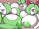  big_breasts breast_squish breasts breasts_frottage close_nipples female gardevoir green_hair green_nipples group hair huge_breasts humanoid kirlia looking_at_viewer nintendo nipples not_furry petronoise pok&eacute;mon pok&eacute;mon_(species) ralts red_eyes simple_background video_games 