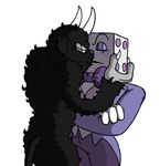  2017 4_fingers animate_inanimate biped black_fur black_tail blush bow_tie claws clothed clothed/nude clothed_male_nude_male clothing crossed_arms cuphead_(game) demon dice digital_drawing_(artwork) digital_media_(artwork) duo embrace eyes_closed facial_hair fluffy front_view fur gloves grey_skin head_grab hi_res horn humanoid humanoid_on_humanoid king_dice kissing male male/male mustache not_furry nude object_head pants pointy_ears portrait purple_bottomwear purple_clothing purple_nose purple_topwear rear_view romantic_couple simple_background smile standing suit the_devil_(cuphead) three-quarter_portrait white_background white_claws white_horn wonderweird 
