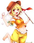  1girl animal_ears artist_name bangs blonde_hair breasts brown_hat bunny_ears chikuwa_savi collarbone commentary_request crop_top dango eyebrows_visible_through_hair flat_cap food frills groin hair_between_eyes hands_up hat holding holding_food leg_up looking_at_viewer midriff navel open_mouth orange_shirt red_eyes ringo_(touhou) shirt short_hair short_sleeves shorts simple_background small_breasts smile solo star star_print stomach striped touhou twitter_username vertical-striped_shorts vertical_stripes wagashi white_background yellow_shorts 