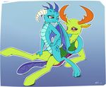  2017 absurd_res blush changeling dragon duo female feral friendship_is_magic hi_res hooves horn interspecies looking_back lying male male/female membranous_wings my_little_pony neko-me on_back on_top one_eye_closed princess_ember_(mlp) reverse_cowgirl_position scalie sex smile thorax_(mlp) wings 
