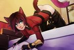  2017 animal_humanoid brown_hair cat_humanoid clothed clothing day digital_media_(artwork) feline female hair heterochromia humanoid inside mammal pants_down partially_clothed redcreator smile solo 