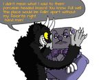  2017 4_fingers angry animate_inanimate annoyed biped black_eyes black_fur bow_tie claws clothed clothed/nude clothed_male_nude_male clothing crossed_arms cuphead_(game) demon dialogue dice digital_drawing_(artwork) digital_media_(artwork) duo embrace english_text facial_hair fluffy front_view frown fur gloves grey_skin half-closed_eyes half-length_portrait head_grab hi_res horn humanoid humanoid_on_humanoid king_dice looking_at_another looking_away male male/male mustache not_furry nude object_head open_mouth open_smile pants pointy_ears portrait purple_bottomwear purple_clothing purple_nose purple_topwear rear_view romantic_couple simple_background smile speech_bubble standing suit text the_devil_(cuphead) white_background white_claws white_horn wonderweird yellow_sclera 