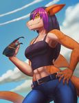  2017 5_fingers abs anthro belt black_hair breasts cleavage clothed clothing cloud detailed_background digital_media_(artwork) eyebrows eyewear female fin fish green_eyes hair hand_on_hip hi_res jeans keilink long_hair marine midriff multicolored_hair muscular muscular_female navel pants purple_hair shark sky smile solo sunglasses two_tone_hair vivian 