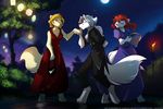  2017 anthro barefoot blonde_hair blue_eyes bowing breasts brother bucket canine cleavage clothed clothing detailed_background digitigrade dress ears_back euchre evening_dress eyes_closed eyewear female fur glasses green_eyes grey_hair group hair hand_behind_back hi_res keidran kissing_hand licking lilith_(twokinds) male mammal moon night outside ponytail purse red_hair robes roselyn_(twokinds) sibling sister smile tan_fur tom_fischbach tongue tongue_out tree twokinds water webcomic white_fur wolf 