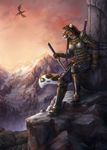 2017 5_fingers anthro braided_hair detailed_background digital_media_(artwork) dragon duo feline female feral flying fur green_eyes hair holding_object holding_weapon leopard mammal melee_weapon spots spotted_fur sword weapon whiskers wolnir 