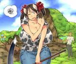  animal_humanoid anthro barefoot big_breasts bovine breasts brown_hair cattle cleavage clothed clothing cow_humanoid cow_print female grass hair hataraki_ari hoe holding_object horn huge_breasts humanoid jeans mammal one_eye_closed pants shirt short_hair sky solo_focus standing sukimi_(hataraki) unknown_species yellow_eyes 