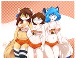  2017 abstract_background absurd_res anary anthro big_breasts biped black_nose blue_eyes blue_hair blue_markings booty_shorts breasts brown_eyes brown_hair brown_markings camel_toe canine cat cleavage clothed clothing crop_top digital_media_(artwork) dipstick_tail ear_markings eyewear facial_markings fejess96 feline female front_view fully_clothed fur glasses green_eyes green_sclera group gyan hair hi_res hooters hot_pants jessica_(fejess96) legwear looking_at_viewer mammal markings midriff multicolored_body multicolored_fur multicolored_tail navel nipple_bulge orange_bottomwear pink_nose shaded shirt shorts signature skimpy smile standing stockings striped_legwear stripes tan_body tan_fur tan_tail text thick_thighs thigh_highs tongue tongue_out unknown_species white_body white_fur white_tail white_topwear wolf 