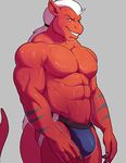  abs anthro biceps big_muscles blue_eyes bulge claws clothed clothing dragon fangs grey_background grey_scales hair jockstrap knuxlight looking_at_viewer male muscular pecs pinup ponytail pose red_scales scales scalie simple_background slyphin_drakil smile smirk solo standing stripes sweat teeth thong topless triceps underwear wet white_hair 