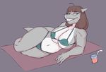  anthro beverage big_breasts bikini breasts clothing female fish freckles green_eyes hair huge_breasts izzy223 marine platinum_fang shark slightly_chubby smile solo swimsuit towel wide_hips 