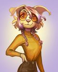  anthro blonde_hair braided_hair canine clothed clothing dog droopy_ears eyewear female glasses hair hand_on_hip kidkhat mammal portrait simple_background small_waist smile solo standing sunglasses tinted_glasses turtleneck yellow_eyes 