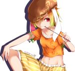  1girl artist_name blonde_hair breasts brown_hat chikuwa_savi clenched_teeth collarbone commentary_request crop_top flat_cap frills groin hair_between_eyes hair_over_one_eye hat holding knee_up looking_at_viewer midriff navel orange_shirt pink_eyes ringo_(touhou) shirt short_hair short_sleeves shorts silhouette simple_background sitting small_breasts solo stomach striped teeth touhou twitter_username vertical-striped_shorts vertical_stripes white_background yellow_shorts 