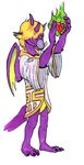  2016 anthro azul_(artist) blonde_hair clothed clothing dragon fire friendship_is_magic hair horn long_hair male membranous_wings my_little_pony purple_scales reptile scales scalie simple_background smile solo spear_(mlp) standing traditional_media_(artwork) video_games wings 