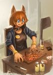  blue_eyes brown_hair eating food fur hair kobold monster_musume nonobot polt_(monster_musume) steak tongue tongue_out 