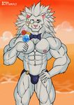  2017 abs anthro bada-butterfly balls better_version_at_source biceps big_muscles clothed clothing digital_drawing_(artwork) digital_media_(artwork) eyewear feline lion looking_at_viewer male mammal muscular muscular_male navel nipples pecs simple_background smile solo speedo standing swimsuit toony 