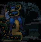  blue_fur breasts canine clothing coiling dark dog female forest fur husky hypnofood hypnosis mammal mind_control night outside python razzora reptile scalie snake tight_clothing tree 