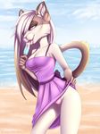  2017 anthro astrid_(kaiyaruki) beach biped blue_sky breasts brown_body brown_fur brown_hair brown_markings brown_tail camel_toe cat cleavage clothed clothing clothing_lift cloud day detailed_background digital_media_(artwork) dress dress_lift eye_markings feline female food front_view fully_clothed fur gradient_hair hair hair_over_eye hi_res holding_food holding_object kogar_tg licking long_hair looking_at_viewer mammal markings multicolored_body multicolored_fur multicolored_tail outside panties pink_bottomwear popsicle purple_bottomwear purple_topwear raised_tail sand sea seaside shaded sky smile soft_shading solo standing suggestive tan_body tan_fur tan_tail tongue tongue_out underwear water white_body white_fur white_hair 