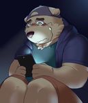  2017 anthro backwards_baseball_cap baseball_cap bear biped blush brown_fur brown_nose clothed clothing crying dark dripping ears_down eyebrows fully_clothed fur furgonomics green_eyes hat holding_object jacket kemono male mammal sad sheeporwolf shirt shorts sitting slightly_chubby solo stocky tablet tears 