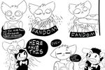  0 2017 anthro bendy bendy_and_the_ink_machine big_ears bow_tie cat clothed clothing crossover cute damaged_clothing demon dialogue distressed english_text fear feline fully_clothed fur holding_(disambiguation) humor mae_(nitw) mammal monochrome night_in_the_woods null_symbol parody relief salamikii simple_background smile speech_bubble text video_games white_background 