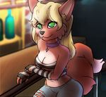  alcohol anthro arm_warmers armwear bar beverage blonde_hair blush bobdirt breasts canine cleavage clothed clothing female fox fur green_eyes hair jeans jewelry looking_at_viewer mammal midriff navel necklace pants red_fur seductive sitting smile solo torn_clothing white_fur 