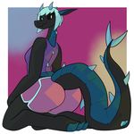  abstract_background astoris_keysel big_butt black_sclera border butt clothed clothing digitigrade dragon female from_behind_(disambiguation) hair horn long_tail looking_at_viewer potoobrigham scales scalie shaded shirt short_hair shorts sitting spikes tank_top white_border 