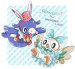  animal_ears bird black_eyes blue_background blush bow bowtie bright_pupils bunny_ears character_name clock clothed_pokemon english fake_animal_ears frills full_body gen_7_pokemon hat hat_with_ears heart mini_hat mini_top_hat no_humans owl pink_hat pokemon pokemon_(creature) popplio red_bow red_neckwear rowlet sea_lion spread_wings striped striped_background top_hat 