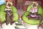  2017 anthro black_nose blonde_hair brown_fur clothed clothing duo female fin fuf fur green_eyes hair hindpaw jenny_(ajdurai) lee_(ajdurai) male mammal mustelid otter paws sibling sitting smile tail_fin twins young 