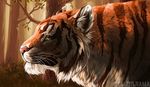  2017 ambiguous_gender black_fur black_stripes bushes bust_portrait detailed_background digital_media_(artwork) feline feral forest fur inner_ear_fluff mammal multicolored_fur ocelotlrama orange_fur outside pink_nose portrait side_view solo striped_fur stripes tiger tree watermark whiskers white_fur yellow_eyes 