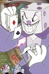  2017 animate_inanimate bow_tie card clothed clothing cup cuphead_(character) cuphead_(game) detailed_background dice digital_media_(artwork) facial_hair grin humanoid king_dice male mugman mustache not_furry object_head smile sssskylark straw suit teeth toony 