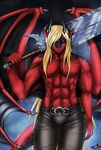  2016 abs anthro belt black_eyes black_horn black_sclera blonde_hair coman dragon eliana-asato hair horn leather_pants long_hair male melee_weapon muscular red_dragon red_scales scales sky smile solo standing sword weapon wings 