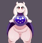  2017 5_fingers absurd_res belly big_breasts biped blush boss_monster bottomless breasts caprine cel_shading clothed clothing clothing_lift deep_navel digital_media_(artwork) dress dress_lift exposing female front_view fur goat grey_background hi_res horn lifting_clothing looking_at_viewer mammal navel overweight overweight_female presenting presenting_pussy pussy pussy_juice red_eyes simple_background slightly_chubby smile solo somescrub standing thick_thighs toony toriel undertale video_games voluptuous white_fur wide_hips 