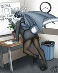 2017 anthro bent_over black_hair blue_eyes breasts business_suit butt butt_pose clock clothing coolish-kor dragon english_text female footwear hair high_heels horn korean_text looking_back paper pointy_ears shoes solo suit text translation_request 