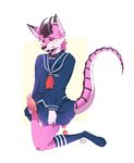  2017 adraes anal anal_beads canine chromatic_aberration clothed clothing collar crossdressing dildo dragon embarrassed horn hybrid iguky-neky kneeling knot leaking looking_at_viewer male mammal school_uniform sex_toy skirt smaller_version_at_source solo uniform wolf 