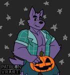  2017 5_fingers anthro bernard_(ok_k.o.!_lbh) biceps black_claws black_eyes black_nose canine cartoon_network chest_tuft claws clothed clothing digital_media_(artwork) fangs food front_view fruit fur halloween hand_on_hip holding_object holidays looking_at_viewer male mammal muscular ok_k.o.!_let&#039;s_be_heroes open_shirt pants pecs pumpkin purple_fur shirt solo standing star teeth tuft v--r were werewolf yellow_sclera 