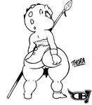  anthro big_butt black_and_white butt darkboss female kobold looking_back melee_weapon monochrome polearm pussy short_stack solo spear weapon 