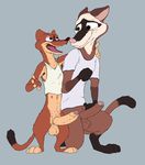  absurd_res anthro balls big_balls big_penis black_footed_ferret bottomless clothed clothing comparing comparing_penis delirost disney duke_weaselton duo ferret foreskin fur grey_background hi_res humanoid_penis male male/male mammal mustelid penis scar shirt simple_background size_difference skinny travis_(zootopia) uncut weasel zootopia 