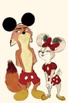  2017 anthro black_nose blush bow canine charliebarkinq chest_tuft clothed clothing disney dress duo embarrassed eyes_closed fangs female footwear fox fur green_eyes halloween holidays judy_hopps lagomorph male mammal nick_wilde rabbit shoes shorts simple_background smile standing teeth tongue tongue_out topless tuft white_background zootopia 