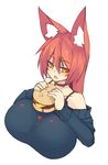  2017 amber_eyes animal_humanoid bangs big_breasts blush breasts burger clothed clothing food fox_humanoid hi_res huge_breasts humanoid inner_ear_fluff simple_background sub-res white_background 