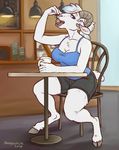  2017 anthro blue_eyes blue_hair breasts caprine chair chest_tuft chewycuticle cleavage clothed clothing cup female fur hair hooves licking mammal multicolored_hair ponytail seductive sheep shorts solo table teabag tongue tongue_out tuft two_tone_hair white_fur white_hair 