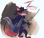  2016 anthro canine cape charliebarkinq clothed clothing cosplay costume dipstick_ears dipstick_tail disney fox fur furgonomics hat hi_res male mammal mask melee_weapon multicolored_tail nick_wilde rapier solo sword toony weapon zootopia zorro zorro_(character) 
