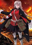  bandage_over_one_eye bandages bangs belt boots breasts closed_mouth fate/grand_order fate_(series) florence_nightingale_(fate/grand_order) gloves gun handgun hime_cut jacket_on_shoulders large_breasts long_hair looking_at_viewer military military_uniform official_art outstretched_arms pantyhose pistol pleated_skirt red_eyes skirt solo spread_arms standing takahashi_keitarou uniform weapon white_gloves white_legwear 