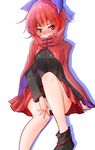  bangs cape commentary_request hand_on_own_knee highres long_sleeves oshiaki panties pantyshot pantyshot_(sitting) pleated_skirt red_eyes red_hair red_skirt sekibanki simple_background sitting skirt solo touhou tsurime underwear white_background white_panties 