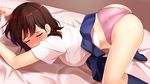  ass bed_sheet blue_legwear blue_skirt brown_hair closed_eyes facing_viewer huyumitsu kneehighs navy_blue_legwear no_shoes panties pink_panties school_uniform skirt solo top-down_bottom-up underwear 