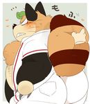  &lt;3 2017 anthro baseball_(sport) baseball_uniform blush butt clothed clothing doraemon hyaku1063 male mammal overweight overweight_male simple_background solo sport tanuki uniform 
