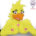  anthro avian beak bird breasts chica_(fnaf) chicken duo faceless_male feathers female first_person_view five_nights_at_freddy&#039;s hi_res male male/female nipples non-mammal_breasts nude overweight penis precum purple_eyes sex simple_background slightly_chubby thevgbear titfuck toony video_games white_background winged_arms wings yellow_feathers 